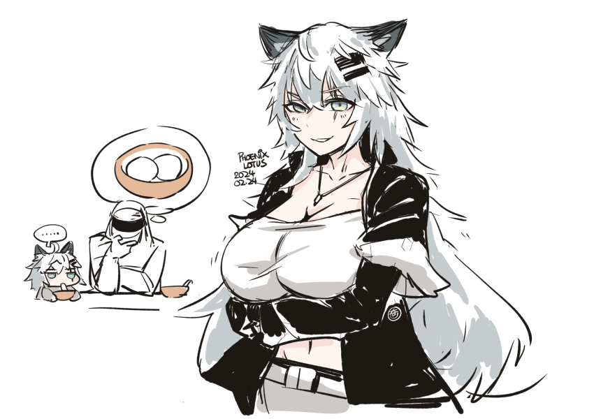... 1girl 1other animal_ears arknights arms_under_breasts artist_name bandeau black_coat bowl breasts chibi chinese_commentary cleavage coat collarbone commentary_request crossed_arms dated dated_commentary doctor_(arknights) egg grey_eyes grin hair_between_eyes hair_ornament hairclip highres jewelry lappland_(arknights) large_breasts long_hair long_sleeves looking_at_viewer messy_hair navel necklace open_clothes open_coat partially_colored phoenixlotus scar scar_across_eye scar_on_face signature simple_background sketch smile smirk spoken_ellipsis thinking thought_bubble uneven_eyes white_background white_bandeau white_hair wolf_ears wolf_girl