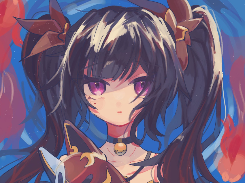 1girl bell black_choker blue_background bow brown_hair choker close-up collarbone fox_mask gradient_hair hair_bow highres holding holding_mask honkai:_star_rail honkai_(series) long_bangs long_hair looking_at_viewer mask mia_(mi13_gnsn) multicolored_hair neck_bell parted_lips pink_eyes portrait raised_eyebrows red_bow red_hair sidelocks solo sparkle_(honkai:_star_rail) straight-on twintails