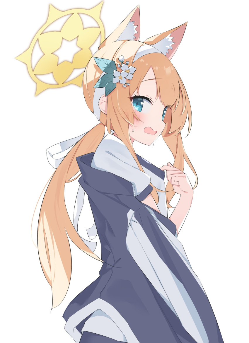 1girl absurdres animal_ear_fluff animal_ears black_jacket blue_archive blue_eyes blush cat_ears extra_ears flower gym_shirt gym_uniform hair_flower hair_ornament halo headband highres jacket long_hair looking_at_viewer mari_(blue_archive) mari_(track)_(blue_archive) open_mouth orange_hair shirt short_sleeves simple_background solo suta0822 track_jacket white_background white_flower white_headband white_shirt yellow_halo