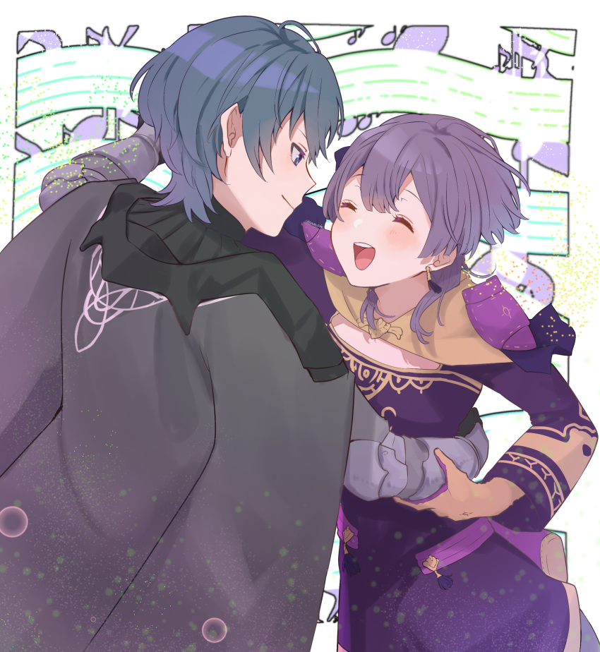 1boy 1girl absurdres bernadetta_von_varley black_cape blue_eyes blue_hair blush byleth_(fire_emblem) byleth_(male)_(fire_emblem) cape closed_eyes commentary_request dress fire_emblem fire_emblem:_three_houses gauntlets gloves highres hug long_sleeves looking_at_viewer open_mouth purple_dress purple_hair sakura_no_yoru smile teeth upper_teeth_only yellow_gloves