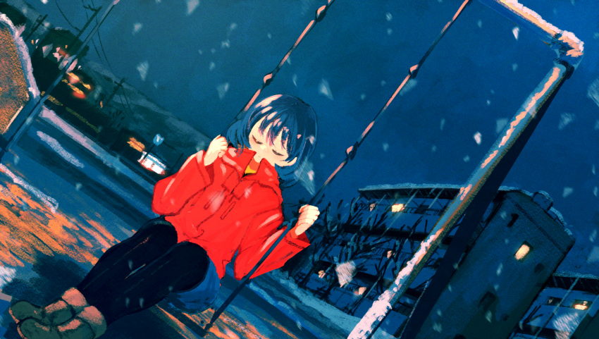 1girl black_pantyhose blue_hair brown_footwear building closed_eyes commentary_request dutch_angle highres inami_hatoko jacket long_sleeves making-of_available night original outdoors pantyhose pantyhose_under_shorts power_lines red_jacket short_hair shorts sitting snow solo swing_set tree u_u utility_pole winter