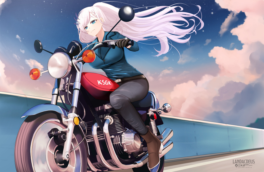 1girl artist_name black_gloves black_pants blue_eyes blue_jacket boots braid breasts bright_pupils brown_footwear closed_mouth cloud commission feather_hair gloves highres hololive hololive_indonesia jacket landacdeus large_breasts long_hair motor_vehicle motorcycle on_motorcycle pants pavolia_reine sky solo twitter_username virtual_youtuber white_hair white_pupils