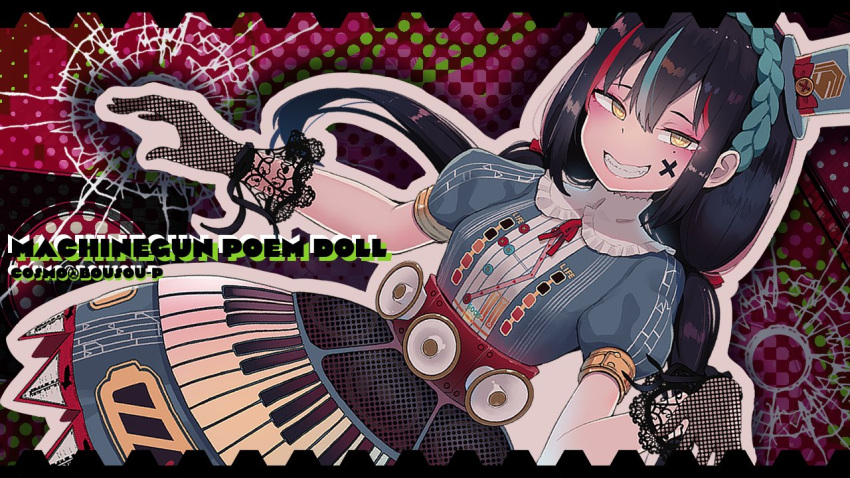 1girl black_gloves black_hair blue_dress blue_headwear bow braid buttons commentary_request cosmo_(bousoup) crown_braid double-parted_bangs dress dutch_angle eyelashes fangs gloves green_hair grin hair_between_eyes hair_ribbon hat hat_bow hatsune_miku instrument keyboard_(instrument) lace lace_gloves long_bangs long_hair looking_at_viewer low_twintails machinegun_poem_doll_(vocaloid) megaphone mini_hat mole mole_under_eye multicolored_hair neck_ribbon official_art puffy_short_sleeves puffy_sleeves red_bow red_hair red_ribbon ribbon short_sleeves slit_pupils smile solo song_name speaker streaked_hair top_hat twintails twitter_username yellow_eyes