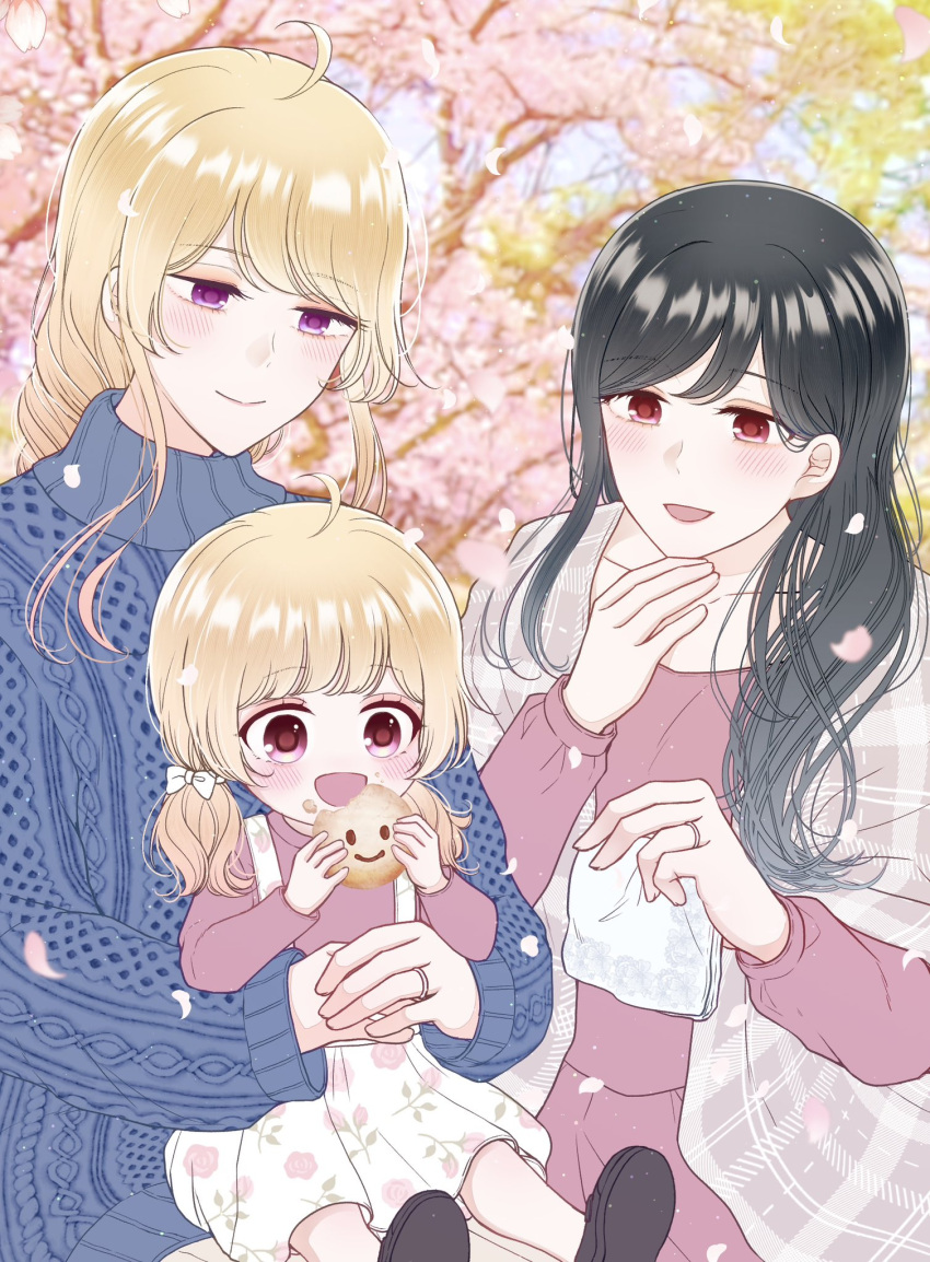 2girls 3girls black_hair blonde_hair blush breasts carrying child child_carry couple family haruharucyon highres if_they_mated ips_cells jewelry long_hair mother_and_child mother_and_daughter multiple_girls open_mouth original red_eyes ring smile wedding_ring wife_and_wife yuri