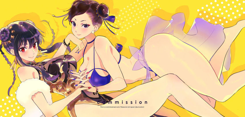 2girls alternate_costume alternate_hairstyle bikini black_hair blue_nails breasts china_dress chinese_clothes chun-li cleavage commission crossover double_bun dress hair_bun holding_hands looking_at_viewer multiple_girls red_nails smile spy_x_family street_fighter sumustard swimsuit yellow_background yor_briar