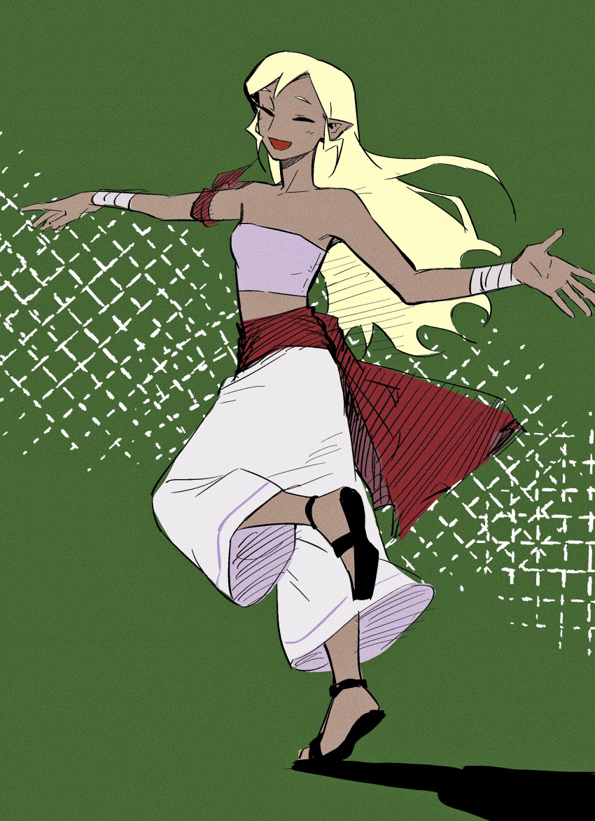 1girl absurdres blonde_hair closed_eyes dancing dark-skinned_female dark_skin green_background hair_down highres long_hair midriff open_mouth outstretched_arms pointy_ears sandals sash senzo6700 smile solo strapless tetra the_legend_of_zelda the_legend_of_zelda:_the_wind_waker tube_top wrist_wrap