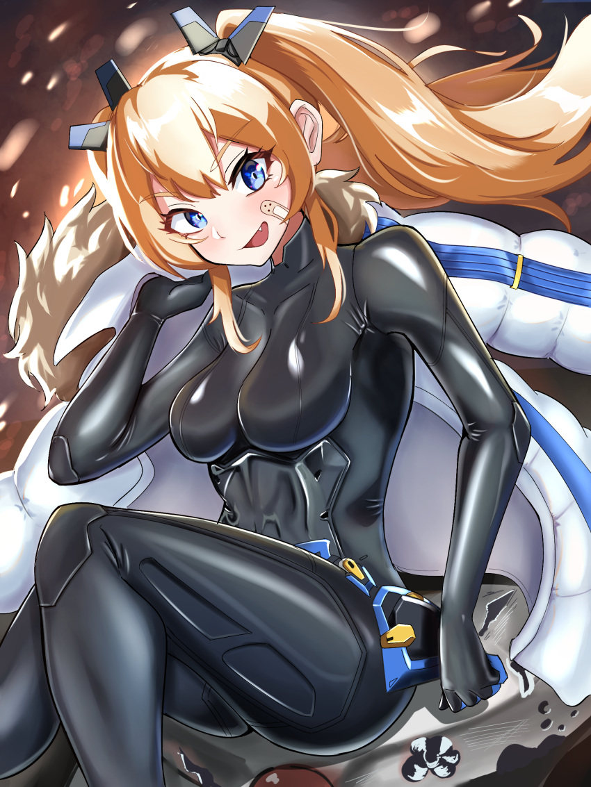 1girl absurdres armored_bodysuit bandaid bandaid_on_cheek bandaid_on_face black_bodysuit blonde_hair blue_eyes bodysuit breasts fang goddess_of_victory:_nikke highres laplace_(nikke) long_hair looking_at_viewer medium_breasts open_mouth sidelocks skin_tight solo timosan twintails
