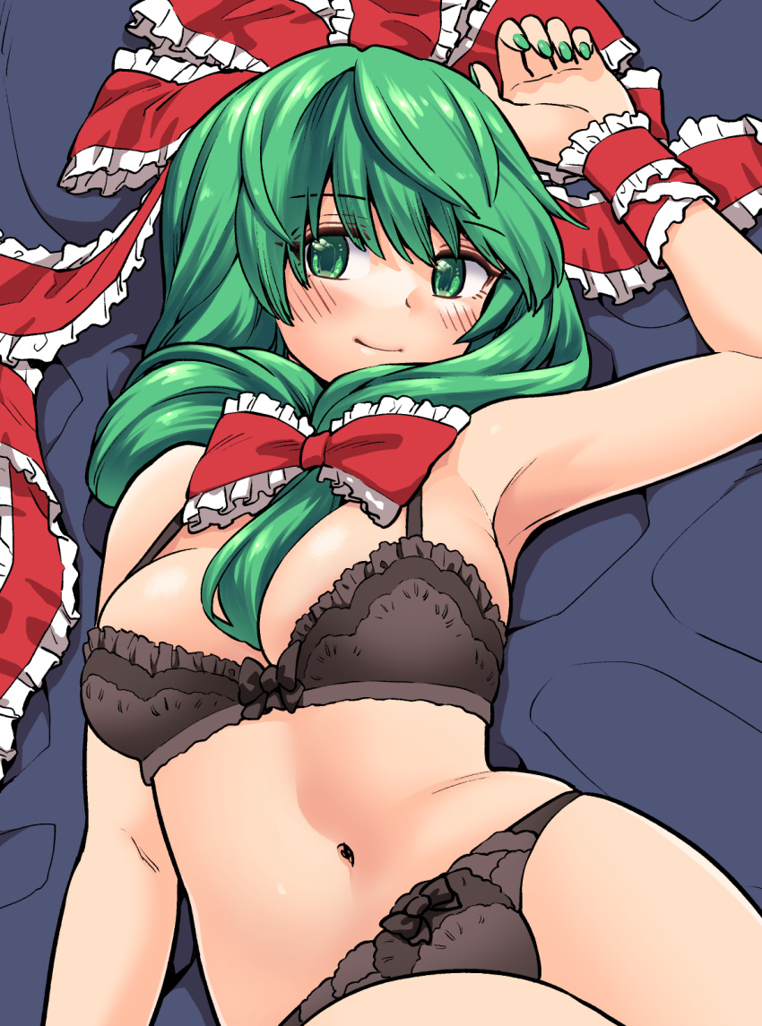 1girl arm_ribbon black_bra black_panties bow bra breasts commission frilled_bow frilled_ribbon frills front_ponytail fuuzasa green_eyes green_hair green_nails hair_bow hair_ribbon highres kagiyama_hina looking_at_viewer lying panties red_bow red_ribbon ribbon skeb_commission smile solo touhou underwear