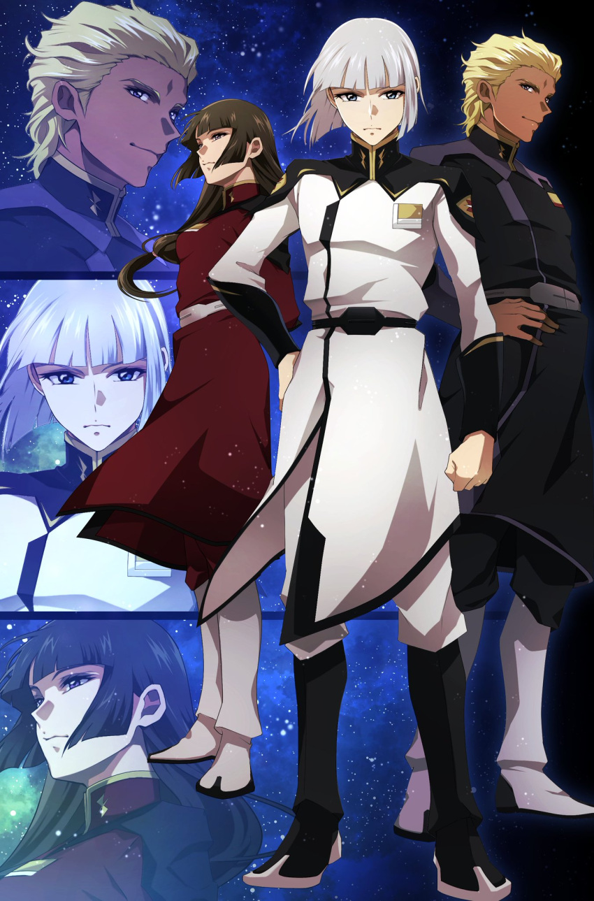 1girl 2boys blonde_hair blue_eyes brown_hair closed_mouth dearka_elsman gundam gundam_seed gundam_seed_freedom highres long_hair long_sleeves low-tied_long_hair military military_uniform morita_yuu multiple_boys purple_eyes shiho_hahnenfuss short_hair smile space uniform white_hair yzak_joule zaft_uniform