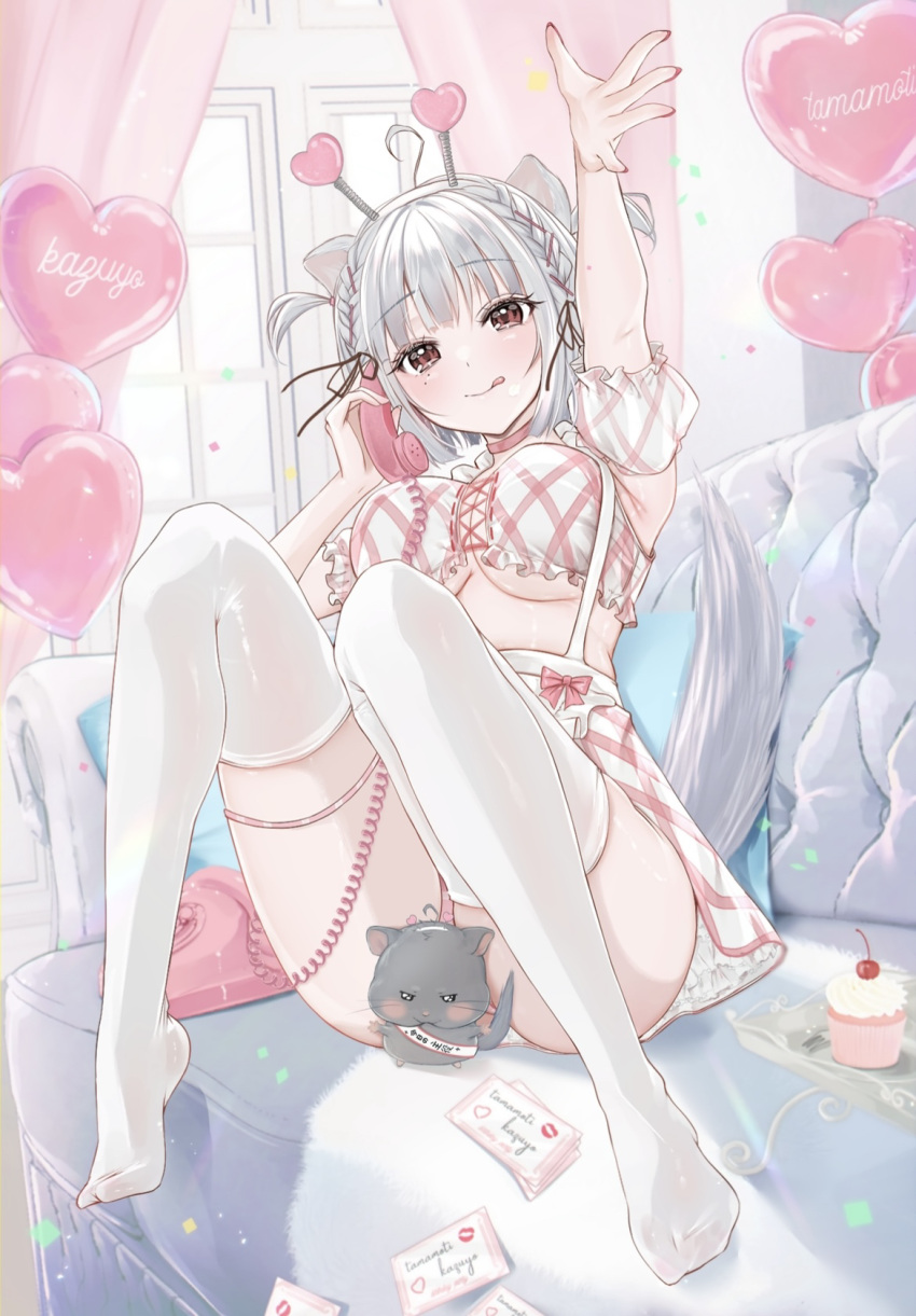 1girl :q ahoge animal_ears apron arm_up armpits ass balloon braid breasts cat_ears cat_girl cat_tail choker cleavage closed_mouth couch crop_top cupcake detached_sleeves feet food frilled_shirt frills hand_up heart_balloon highres holding holding_phone indie_virtual_youtuber knees_up large_breasts looking_at_viewer maid_apron midriff mole mole_under_eye mouse no_shoes on_couch panties panty_peek phone pink_choker plaid red_eyes shirt short_hair short_sleeves sitting sleeveless sleeveless_shirt smile solo tail tamamochi_kazuyo thighhighs thighs tongue tongue_out two_side_up uiri-na underboob underwear virtual_youtuber white_hair white_panties white_thighhighs