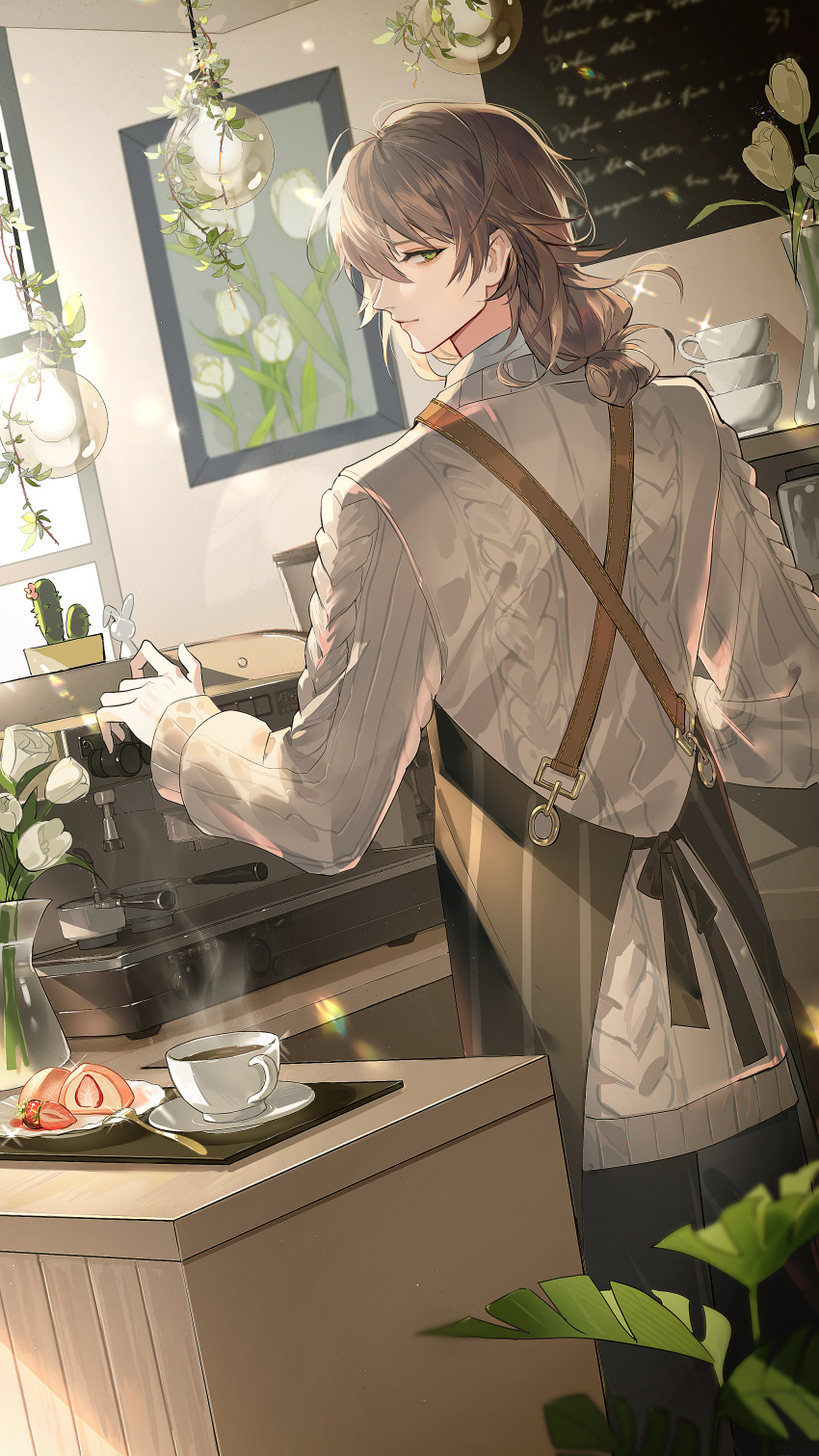 1boy absurdres apron aran_sweater banquet_of_vesta black_apron black_pants brown_hair cable_knit cactus cafe chalkboard closed_mouth coffee coffee_maker counter cowboy_shot cup daifuku day flower food from_behind fruit green_eyes guaisanmu hair_between_eyes hair_bun highres ichigo_daifuku indoors light_bulb long_sleeves looking_back low_ponytail male_focus milo_demetrio painting_(object) pants plant plate potted_plant profile saucer smile solo standing steam strawberry striped_apron striped_clothes sunlight sweater tray tulip vase wagashi white_flower white_sweater white_tulip window