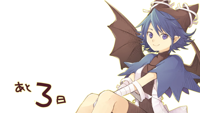 1girl bandaged_arm bandages bat_wings black_bodysuit blue_eyes blue_hair bodysuit capelet countdown hat highres looking_at_viewer pointy_ears riviera serene_(riviera) short_hair sitting smile solo tobe_sunaho white_background wings