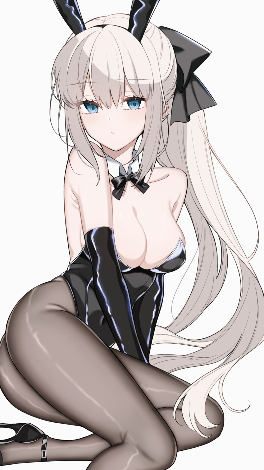 1girl absurdres animal_ears bare_shoulders black_bow blue_eyes blush bow bowtie braid breasts cleavage collarbone detached_collar fake_animal_ears fate/grand_order fate_(series) fishnet_pantyhose fishnets french_braid grey_hair hair_between_eyes hair_bow highres large_breasts long_hair long_sleeves looking_at_viewer mati5572 morgan_le_fay_(fate) navel pantyhose playboy_bunny ponytail rabbit_ears sidelocks solo thighs very_long_hair white_background
