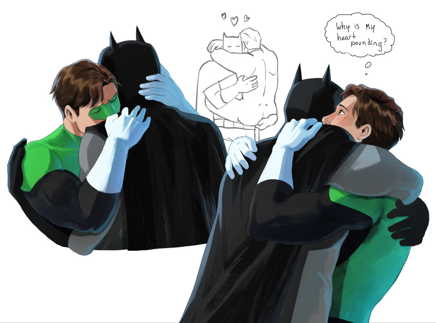 2boys absurdres bara batman batman_(series) black_bodysuit black_cape black_gloves black_hair blush bodysuit brown_hair bruce_wayne cape closed_eyes dc_comics domino_mask english_text gloves green_bodysuit green_lantern green_lantern_(series) grey_bodysuit hal_jordan haljordanmylove highres hug male_focus mask multiple_boys muscular muscular_male short_hair simple_background two-tone_bodysuit white_background white_gloves yaoi