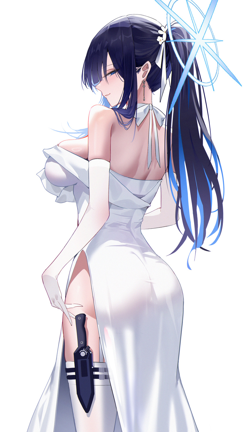 1girl absurdres ass black_hair blue_archive blue_hair blue_halo breasts colored_inner_hair cowboy_shot earrings elbow_gloves gloves halo highres jewelry kyky_(-kyky) large_breasts multicolored_hair official_alternate_costume saori_(blue_archive) saori_(dress)_(blue_archive) simple_background solo thighhighs white_background white_gloves white_thighhighs