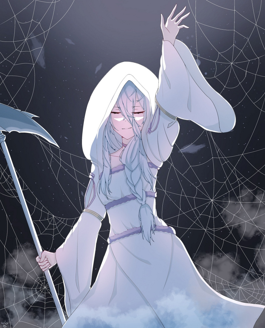 1girl artist_name braid closed_eyes closed_mouth dress hair_between_eyes highres holding holding_scythe hood hooded_dress kumo_desu_ga_nani_ka? kumoko_(kumo_desu_ga_nani_ka?) long_hair scythe shiraori silk single_braid solo spider_web weiss_rubiaceae white_dress white_hair wide_sleeves