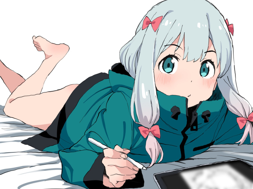 1girl bare_legs barefoot blue_eyes blue_hair blush bow collared_jacket drawing_tablet eromanga_sensei feet_up green_jacket grey_hair hair_bow hair_over_shoulder high_collar highres holding holding_stylus izumi_sagiri jacket legs_up long_hair looking_at_viewer low-tied_long_hair lying on_bed on_stomach pink_bow sadamoto_hokuto sidelocks sketch solo stylus the_pose toes