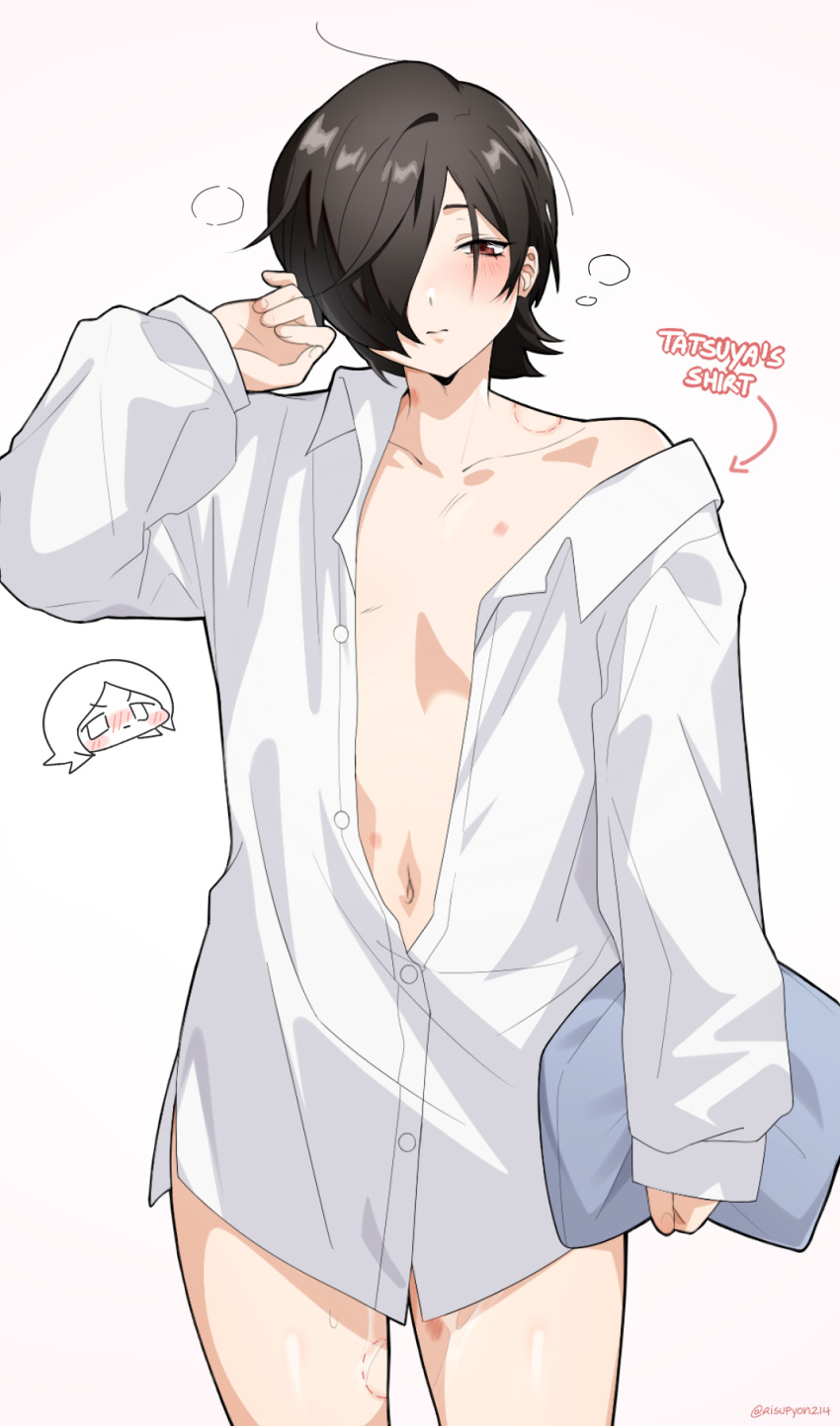 2boys androgynous artist_name bite_mark bite_mark_on_neck black_hair blush bottomless chibi chibi_inset closed_mouth collarbone dress_shirt english_commentary english_text hair_over_one_eye hickey highres implied_yaoi kurosu_jun long_sleeves looking_at_viewer male_focus messy_hair multiple_boys naked_shirt navel off_shoulder open_clothes open_shirt oversized_clothes oversized_shirt partially_unbuttoned persona persona_2 persona_2_tsumi pillow red_eyes risuko.exe_(artist) shirt short_hair simple_background sleepy solo_focus suou_tatsuya sweat twitter_username white_background white_shirt