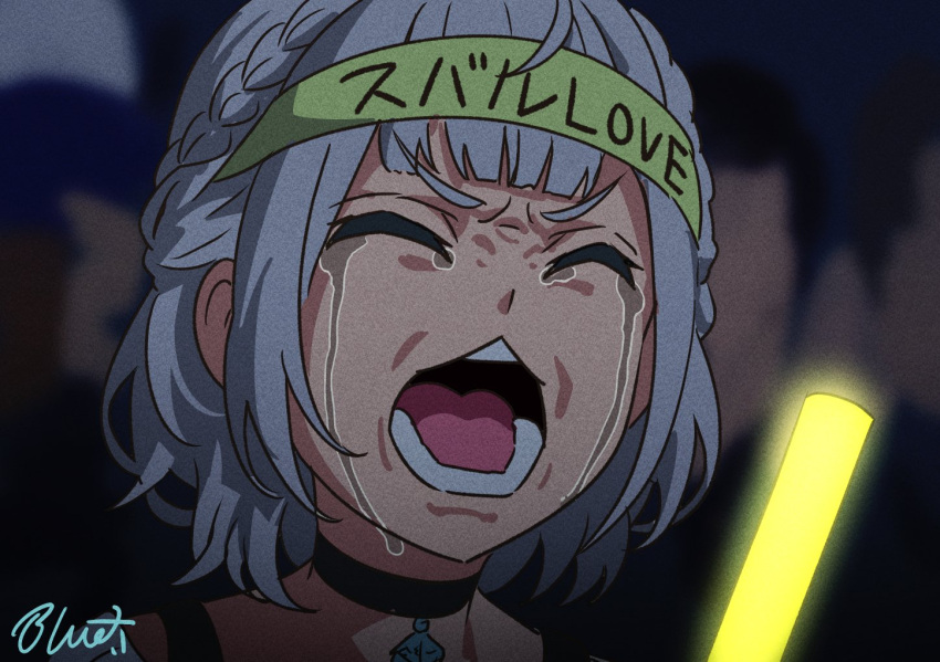 1girl artist_name black_choker blunt_bangs braid buru-dai choker closed_eyes commentary crowd crying double-parted_bangs french_braid furrowed_brow glowstick grey_hair hachimaki head_only headband holding_glowstick hololive indoors meme official_alternate_costume official_alternate_hairstyle oota_kuniyoshi_face_(meme) open_mouth otaku penlight_(glowstick) shirogane_noel shirogane_noel_(casual) short_hair solo_focus streaming_tears sweater tears teeth translated v-shaped_eyebrows virtual_youtuber white_sweater yellow_headband