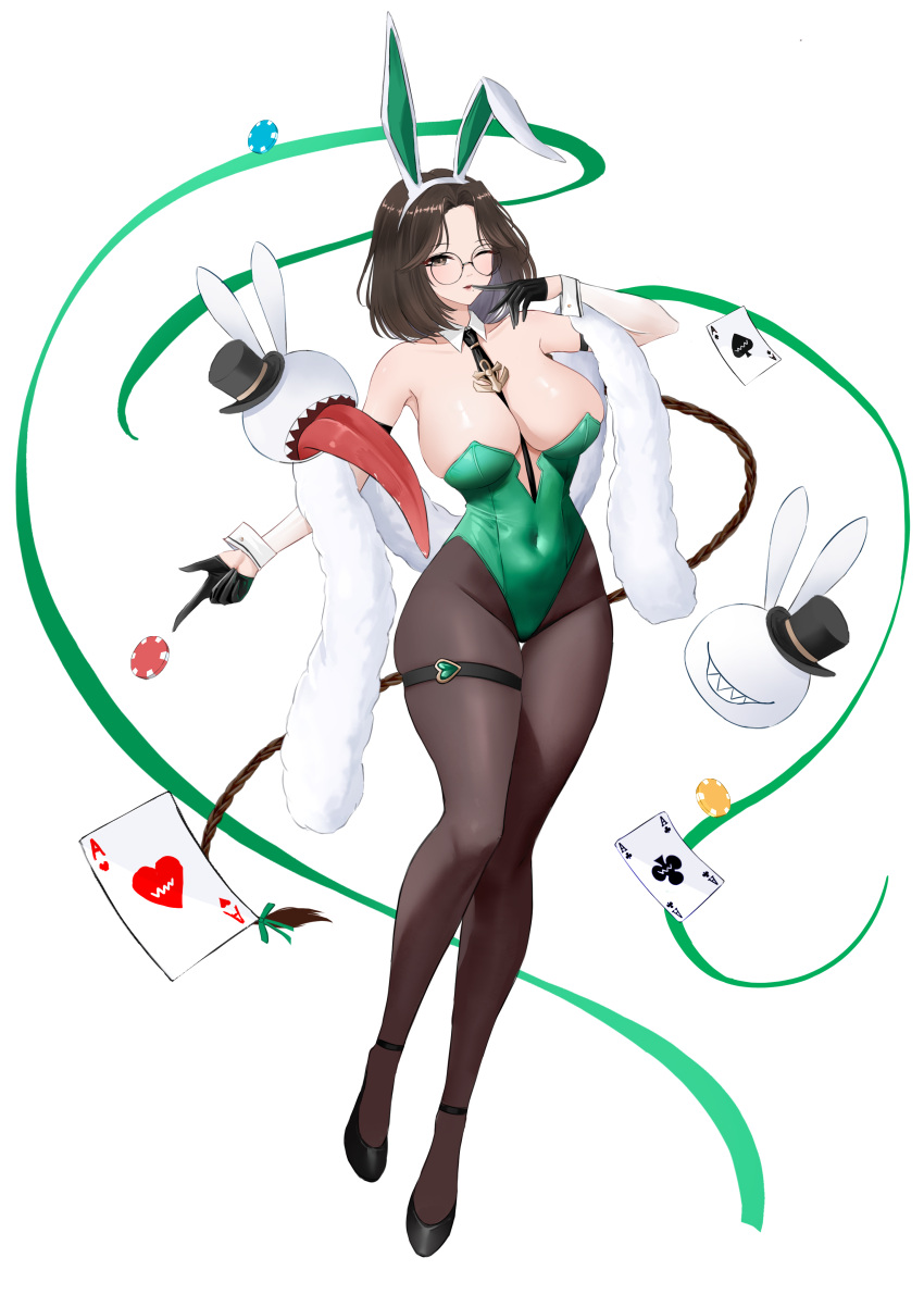 1girl absurdres animal_ears black_footwear black_gloves breasts brown_dust_2 brown_eyes brown_hair brown_pantyhose card coat covered_navel diana_(brown_dust) fake_animal_ears finger_to_mouth full_body fur_shawl gloves green_leotard groin half_gloves hat highres large_breasts leotard light_blush lipstick looking_ahead makeup mini_hat mini_top_hat one_eye_closed pantyhose playboy_bunny playing_card poker_chip rabbit_ears round_eyewear shawl short_hair simple_background smitcuk solo thick_thighs thigh_strap thighs top_hat twing_glutti white_background white_coat
