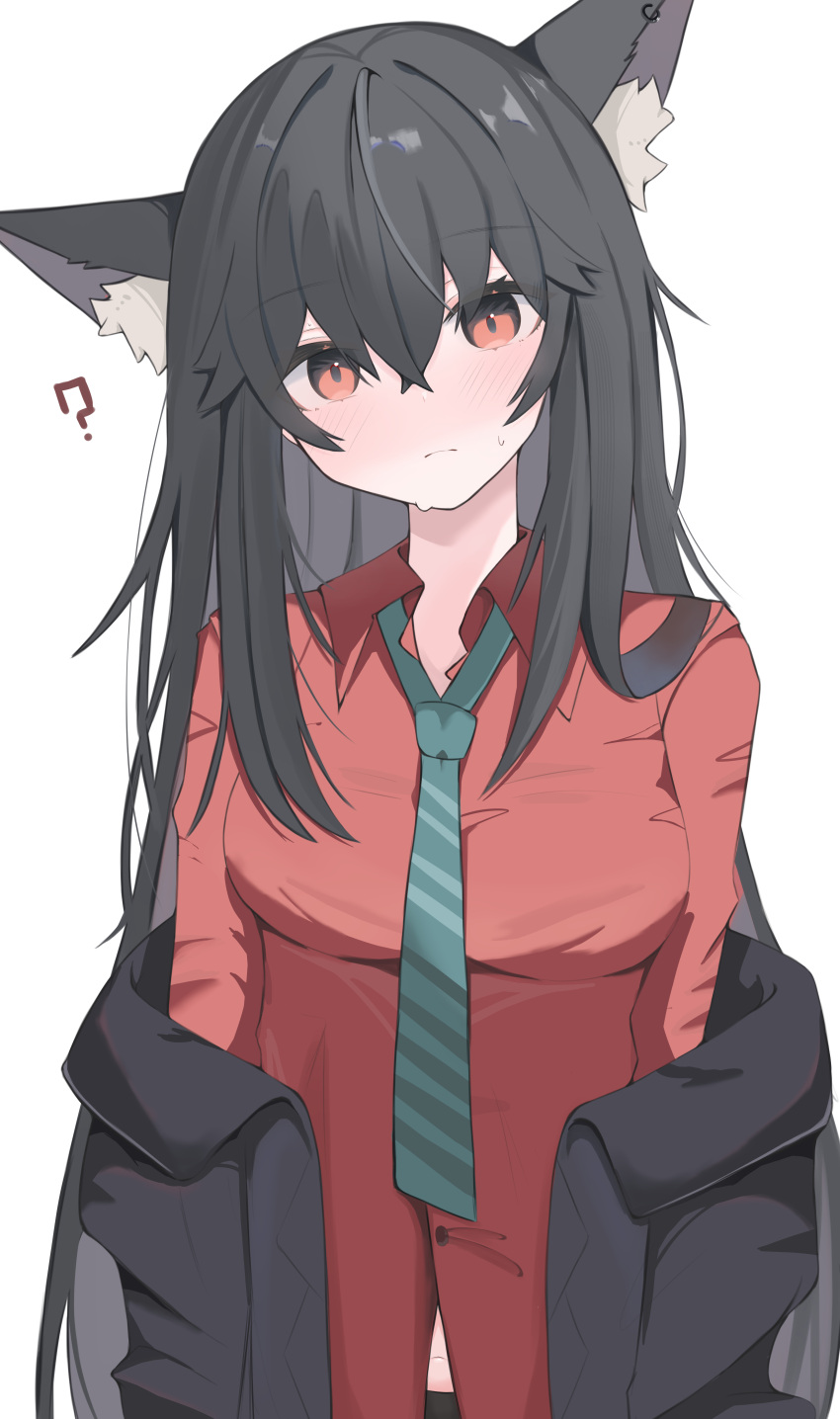 1girl ? absurdres animal_ear_fluff animal_ear_piercing animal_ears arknights black_hair black_jacket blush breasts closed_mouth clothes_down collared_shirt embarrassed green_necktie hair_between_eyes highres jacket long_hair looking_at_viewer medium_breasts navel necktie nui_(nuinui0300) official_alternate_costume open_clothes open_collar open_jacket red_eyes red_shirt shirt simple_background solo standing sweat texas_(arknights) texas_(willpower)_(arknights) upper_body white_background wolf_ears wolf_girl