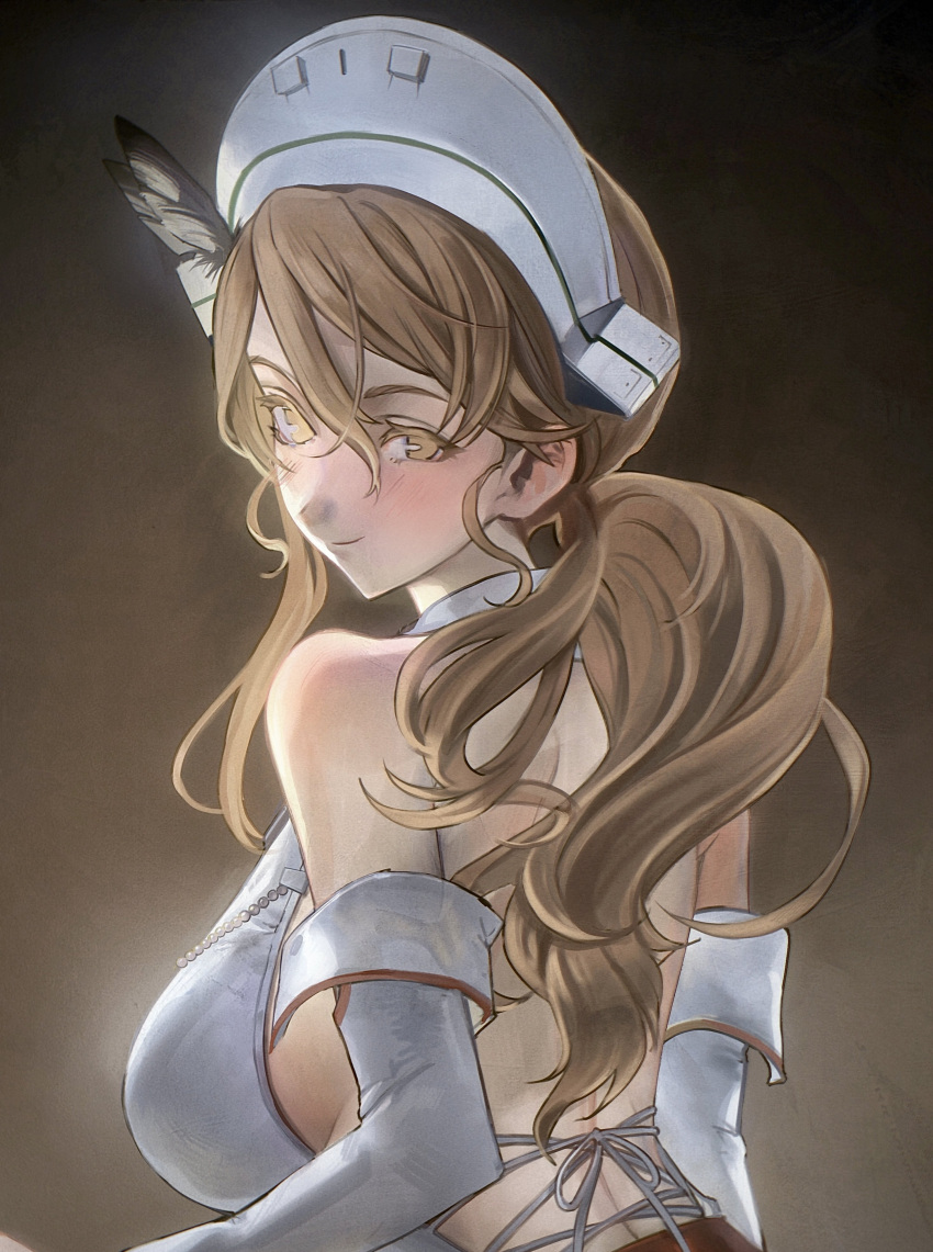 1girl absurdres backless_outfit bare_shoulders blush breasts brown_background brown_eyes brown_hair commission from_behind gradient_background headdress highres kantai_collection large_breasts littorio_(kancolle) long_hair looking_at_viewer looking_back low_ponytail shirt sideboob skeb_commission solo u_teitoku upper_body white_shirt