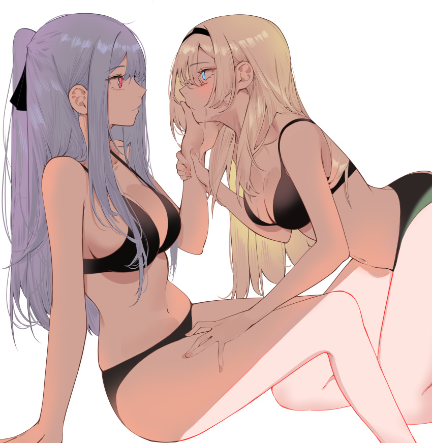 2girls absurdres ak-12_(girls'_frontline) an-94_(girls'_frontline) anvil black_bra black_panties blonde_hair blue_eyes blush bra breasts closed_mouth eye_contact girls'_frontline grey_hair hair_ribbon half_updo hand_on_another's_face hand_on_another's_thigh highres holding_another's_wrist large_breasts long_hair looking_at_another medium_breasts multiple_girls panties pink_eyes ribbon simple_background sitting talnory underwear underwear_only white_background yuri