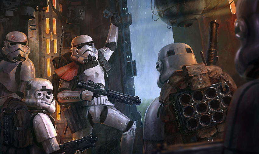 5boys backpack bag black_gloves cable edouard_groult english_commentary galactic_empire gloves gun helmet holding holding_gun holding_weapon multiple_boys rain science_fiction star_wars stormtrooper vehicle_interior weapon