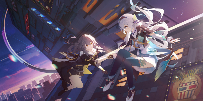 2girls black_hairband black_jacket blue_pupils blue_thighhighs bow bridal_gauntlets closed_mouth cropped_jacket evening firefly_(honkai:_star_rail) gleam_lin_shi grey_hair hair_between_eyes hair_intakes hairband highres holding_hands honkai:_star_rail honkai_(series) jacket long_hair long_sleeves looking_at_another miniskirt multiple_girls neckerchief open_mouth orange_neckerchief shirt shooting_star sidelocks single_bridal_gauntlet skirt smile stelle_(honkai:_star_rail) thighhighs trailblazer_(honkai:_star_rail) two-sided_fabric two-sided_jacket two-tone_eyes white_bow white_shirt yellow_eyes