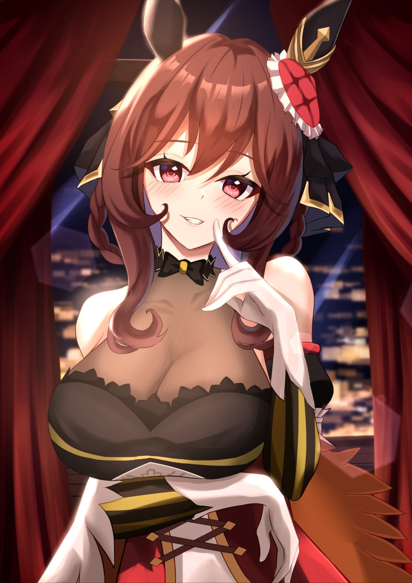 1girl absurdres animal_ears arm_under_breasts bare_shoulders black_bow black_bowtie blush bodystocking bow bowtie braided_hair_rings breasts brown_hair cleavage commentary_request covered_collarbone curtains detached_sleeves dress ear_covers ear_ornament elbow_gloves finger_to_cheek gentildonna_(umamusume) gloves grin hair_between_eyes hair_ornament hair_rings heart_ear_ornament highres horse_ears horse_girl index_finger_raised indoors large_breasts long_hair looking_at_viewer night red_dress red_eyes see-through see-through_cleavage sidelocks sleeveless sleeveless_dress smile solo standing teeth umamusume upper_body white_gloves window yattorusen