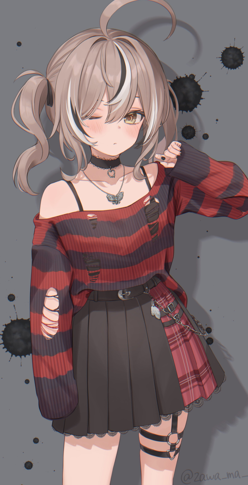 1girl absurdres ahoge belt black_belt black_choker black_hair black_nails black_ribbon black_skirt black_sweater blush brown_eyes brown_hair choker hair_ribbon hanazawa_ma highres hololive hololive_english jewelry lace-trimmed_choker lace_trim looking_at_viewer nail_polish nanashi_mumei nanashi_mumei_(4th_costume) necklace o-ring o-ring_thigh_strap official_alternate_costume one_eye_closed red_sweater ribbon skirt solo striped_clothes striped_sweater sweater thigh_strap torn_clothes torn_sweater twintails virtual_youtuber white_hair