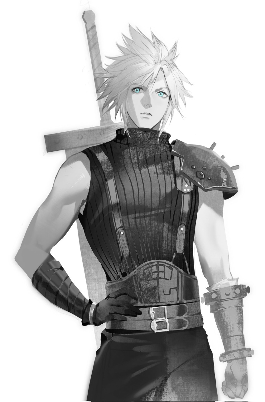 1boy armor belt buster_sword cloud_strife cowboy_shot elbow_gloves final_fantasy final_fantasy_vii final_fantasy_vii_remake gloves greyscale hand_on_own_hip highres monochrome multiple_belts pants pauldrons shoulder_armor simple_background single_pauldron sleeveless sleeveless_turtleneck solo spiked_hair spot_color standing sweater turtleneck turtleneck_sweater white_background xianyu314