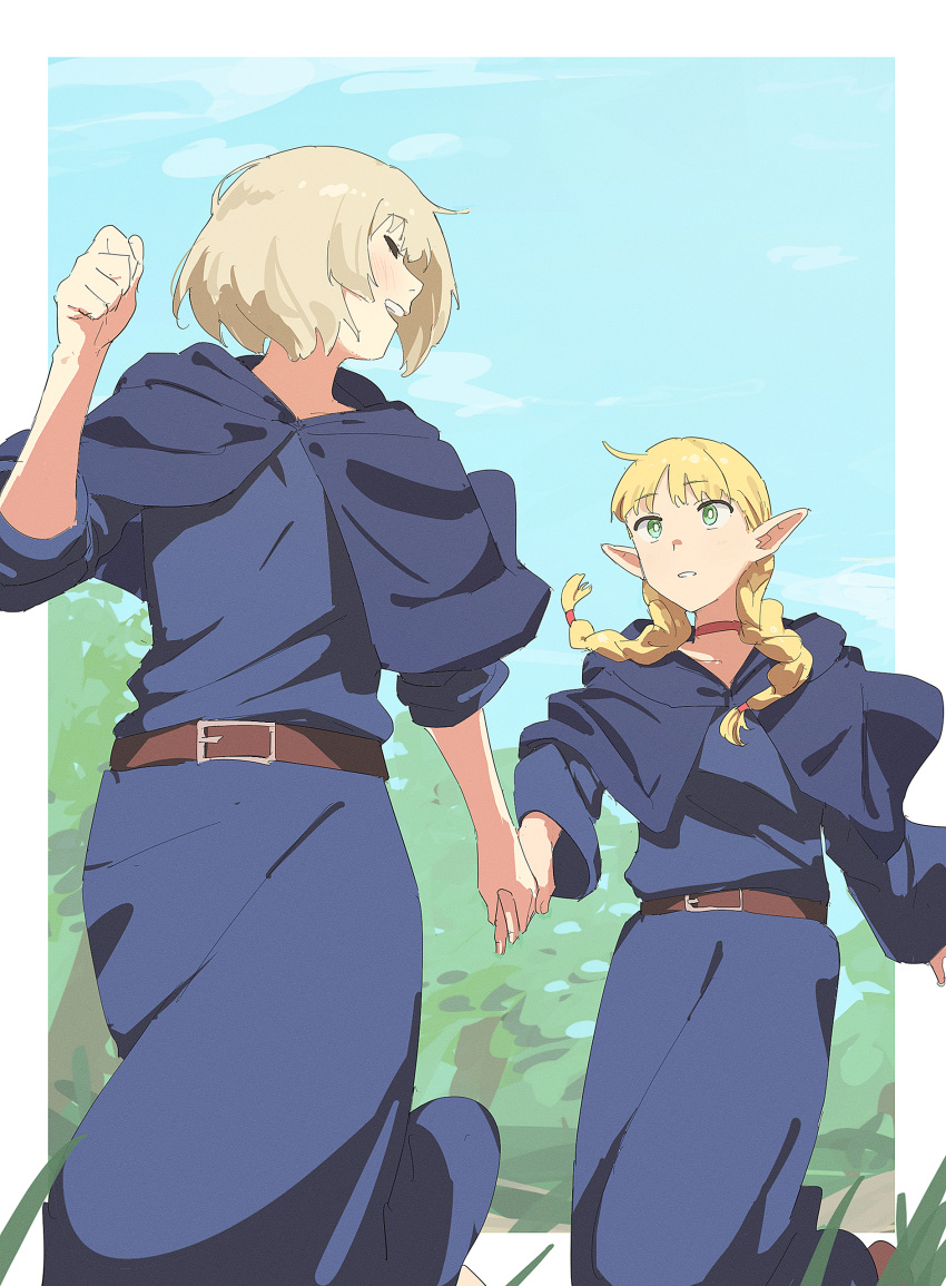 2girls absurdres belt blonde_hair blue_robe blush braid dungeon_meshi elf falin_thorden green_eyes highres long_hair looking_at_another marcille_donato matarasu_(aaaaaaaaj) multiple_girls pointy_ears robe short_hair twin_braids