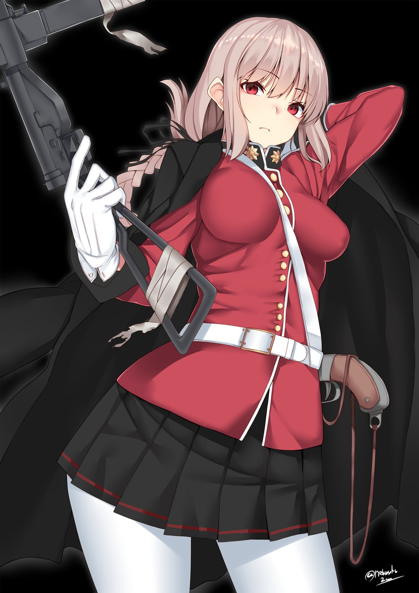 antique_firearm arm_up bangs between_breasts black_background black_coat black_skirt blonde_hair blunderbuss braid breasts closed_mouth commentary cowboy_shot empty_eyes eyebrows_visible_through_hair fate/grand_order fate_(series) firearm florence_nightingale_(fate/grand_order) gloves glowing gun hair_between_eyes highres holding holding_gun holding_weapon jacket_on_shoulders large_breasts long_hair military military_uniform nebusoku pantyhose pleated_skirt red_eyes sidelocks signature skirt solo sten_gun strap_cleavage submachine_gun trigger_discipline twitter_username uniform weapon white_gloves white_legwear