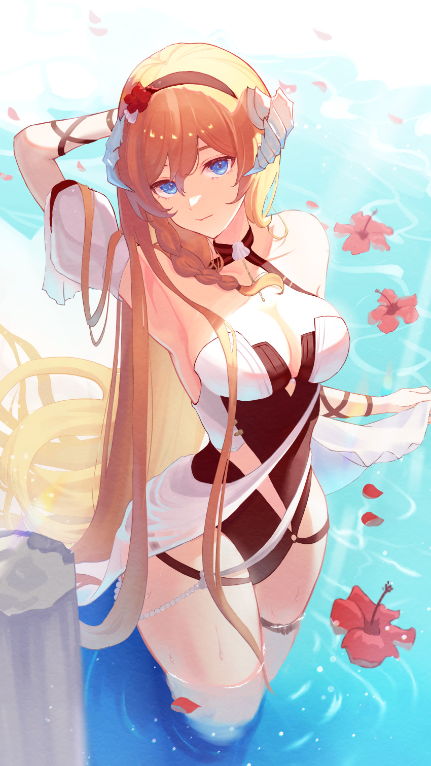 1girl absurdres aoi_tooru arknights arm_up armpits bare_shoulders black_hairband blonde_hair blue_eyes commentary_request flower hairband highres horns long_hair looking_at_viewer ocean official_alternate_costume one-piece_swimsuit red_flower saileach_(arknights) saileach_(summer_flowers)_(arknights) solo swimsuit thighs very_long_hair wading water