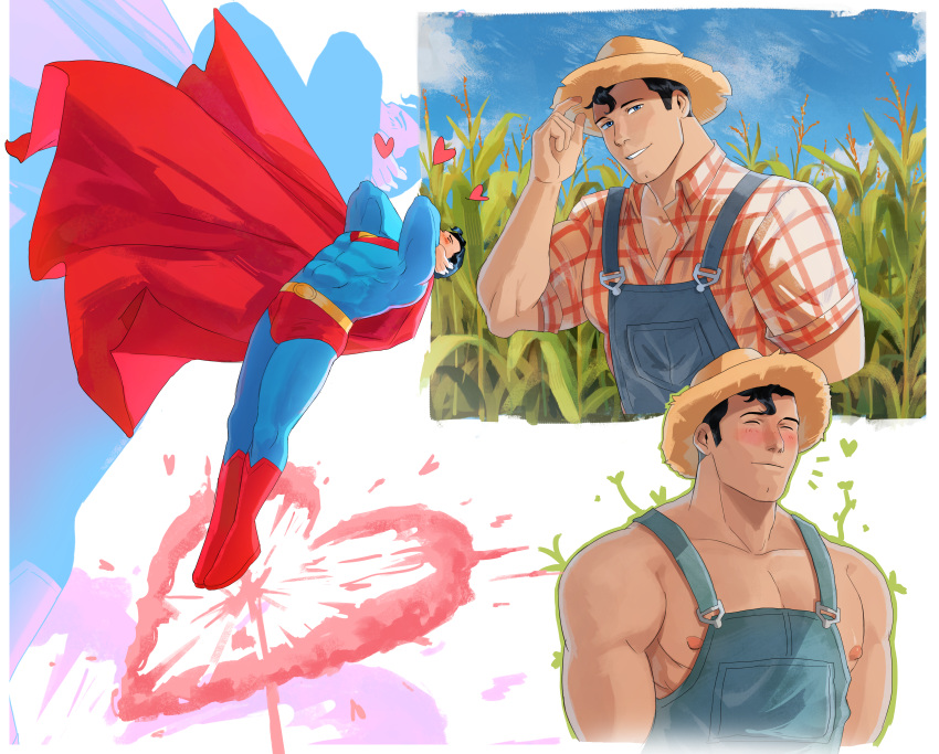 1boy absurdres bara black_hair blue_bodysuit blue_eyes blush bodysuit cape clark_kent closed_eyes cloud collared_shirt day dc_comics farmer haljordanmylove hat heart highres large_pectorals male_focus muscular muscular_male nipples outdoors overalls pectorals plaid plaid_shirt red_cape red_shirt shirt short_hair sky smile straw_hat superhero superman superman_(series)