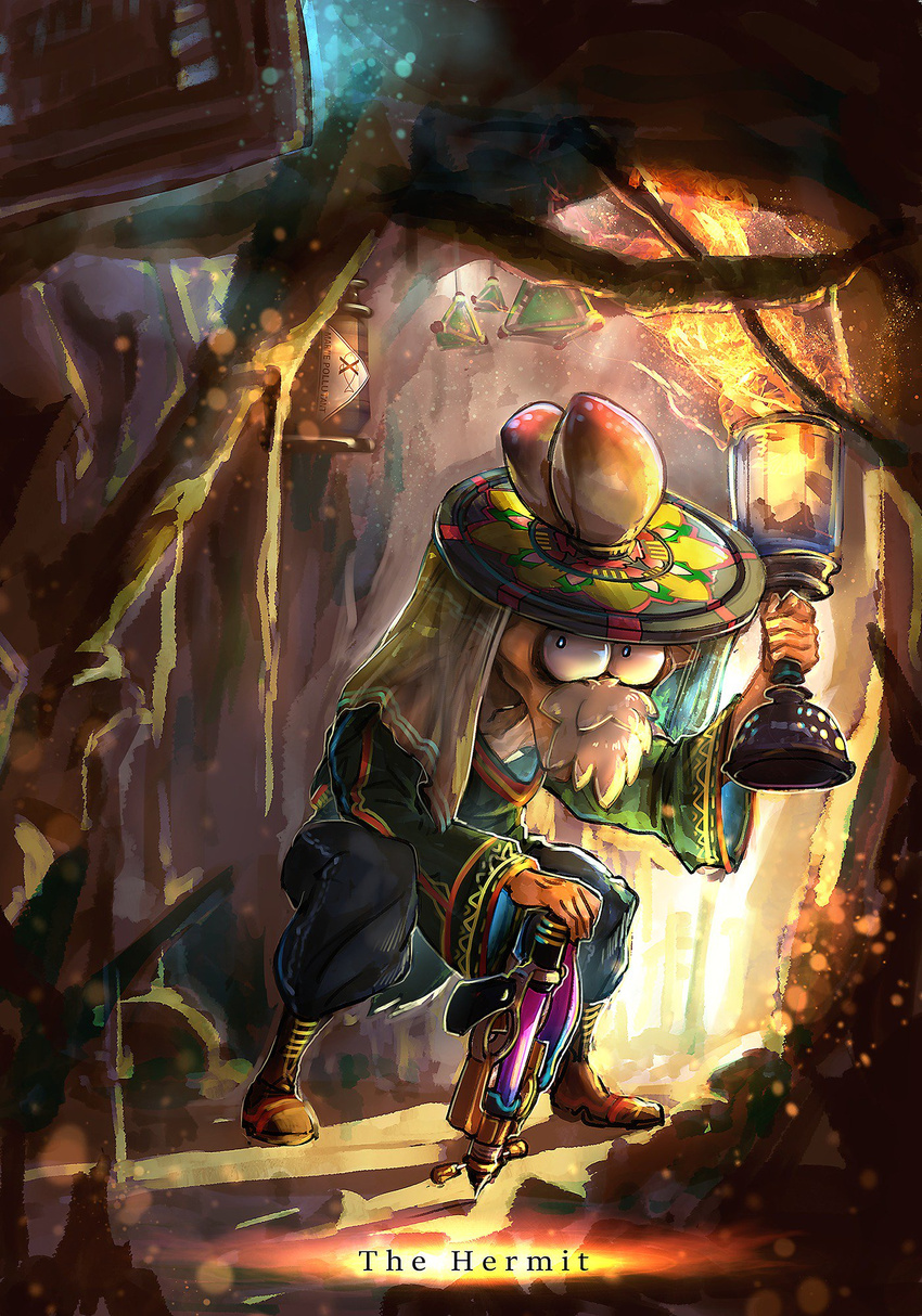 beard boots cane commander_atarime domino_mask english facial_hair full_body hat highres holding holding_weapon kashu_(hizake) looking_at_viewer male_focus mask pants pointy_ears shirt solo splash-o-matic_(splatoon) splat_bomb_(splatoon) splatoon_(series) splatoon_1 standing suction_bomb_(splatoon) tarot tentacle_hair the_hermit_(tarot_card) weapon