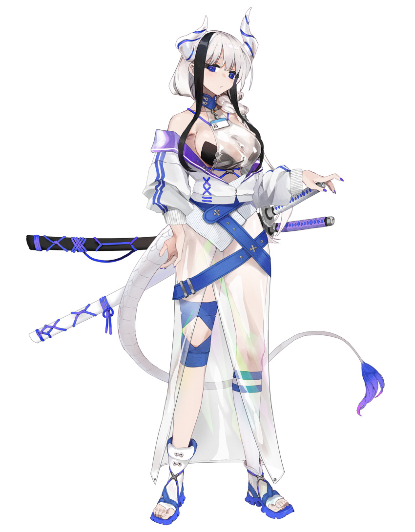 1girl ankle_boots bare_shoulders boots breasts closed_mouth fingernails full_body gg_dal hair_over_shoulder highres horns jacket katana large_breasts long_sleeves looking_at_viewer multicolored_hair multiple_swords nail_polish off_shoulder original purple_nails scabbard see-through see-through_skirt sheath sheathed single_sock skirt socks solo standing sword tail toeless_footwear transparent_leotard two-tone_hair weapon white_hair white_jacket white_socks