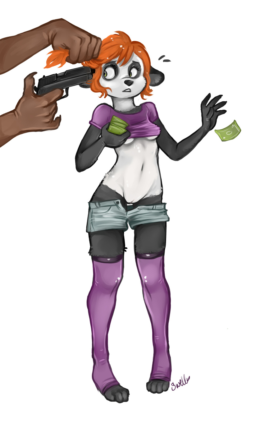 2024 5_fingers absurd_res anthro bear bottomwear bottomwear_down breasts clothed clothing duo ears_down eyebrows feet female fingers full-length_portrait genitals giant_panda green_eyes gun hair hi_res holding_gun holding_object holding_ranged_weapon holding_weapon hotpants imminent_death larger_male latex latex_clothing latex_legwear latex_thigh_highs legwear male mammal money navel offscreen_character orange_hair partially_clothed pivoted_ears portrait pussy raised_inner_eyebrows ranged_weapon shorts shorts_down signature simple_background size_difference small_breasts smaller_female sweltering thigh_highs toeless_thigh_highs toes unzipped_shorts weapon white_background