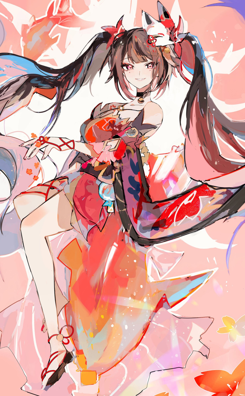 1girl :d bare_legs bare_shoulders bell black_choker blush bow brown_hair choker collarbone criss-cross_halter detached_sleeves dress floating_hair fox_mask from_side full_body grin hair_bow halterneck highres honkai:_star_rail honkai_(series) legs_together long_hair looking_at_viewer loomyoi2 mask mask_on_head nail_polish neck_bell o-ring open_mouth pink_eyes red_bow red_dress red_nails red_sleeves sandals short_dress short_sleeves sleeveless sleeveless_dress smile solo sparkle_(honkai:_star_rail) teeth toenail_polish toenails twintails