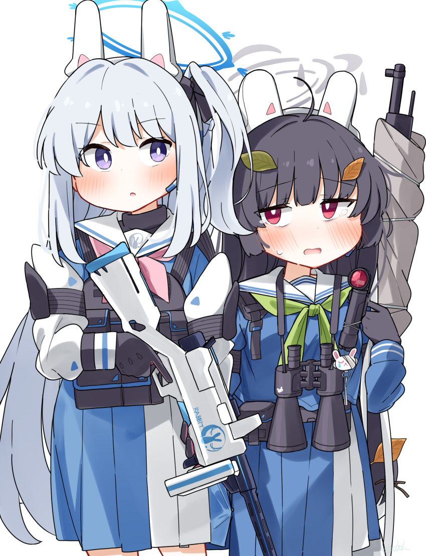 2girls :o absurdres ahoge binoculars black_bow black_gloves black_hair blue_archive blue_serafuku blue_shirt blue_skirt blush bolt_action bow dash_b gloves green_neckerchief grey_hair gun hair_bow halo headgear highres holding holding_gun holding_weapon leaf leaf_on_head long_hair long_sleeves miyako_(blue_archive) miyu_(blue_archive) mosin-nagant multiple_girls neckerchief one_side_up parted_lips pink_neckerchief pleated_skirt puffy_long_sleeves puffy_sleeves purple_eyes red_eyes rifle school_uniform serafuku shirt simple_background skirt submachine_gun suomi_kp/-31 sweat trigger_discipline very_long_hair weapon white_background