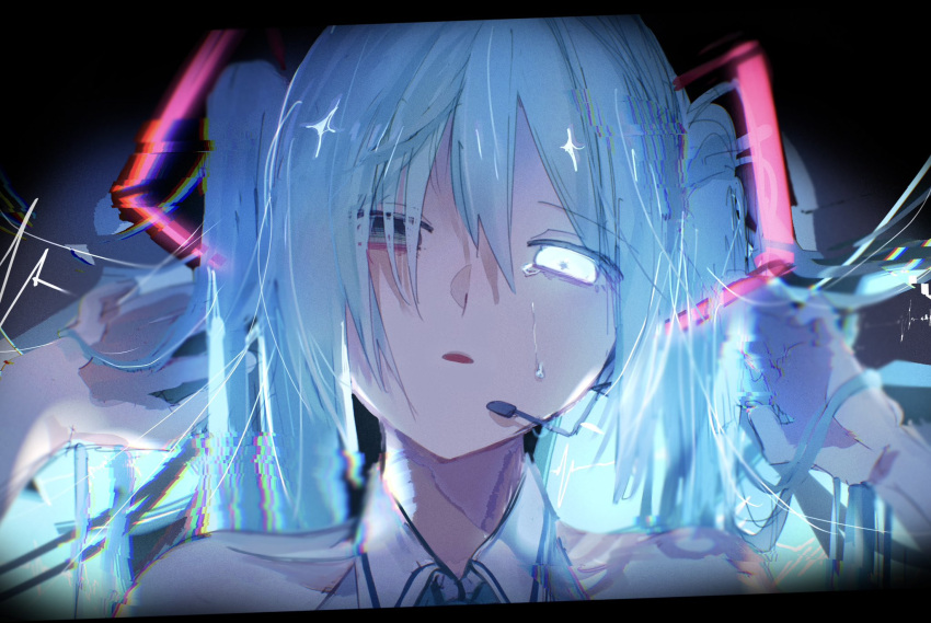 1girl bare_shoulders blue_eyes blue_hair cardiogram close-up collared_shirt dutch_angle glitch glowing glowing_eye hair_between_eyes hair_ornament hands_in_hair hands_up hane_(kakuhane) hatsune_miku headset highres long_hair looking_at_viewer microphone portrait shirt sidelocks sleeveless sleeveless_shirt solo twintails vocaloid white_shirt