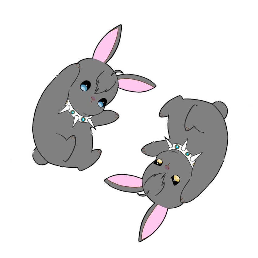 ahoge alternate_species ambiguous_gender animal_humanoid bangs blue_eyes collar collar_only duo feral feralized fur furrification garu_(nu:_carnival) grey_body grey_fur hair hi_res humanoid karu_(nu:_carnival) lagomorph lagomorph_humanoid leporid_humanoid mammal mammal_humanoid nu:_carnival nude paws rabbit_humanoid scut_tail short_tail simple_background spiked_collar spikes square_crossover tail tokiwairo_0412 white_background yellow_eyes