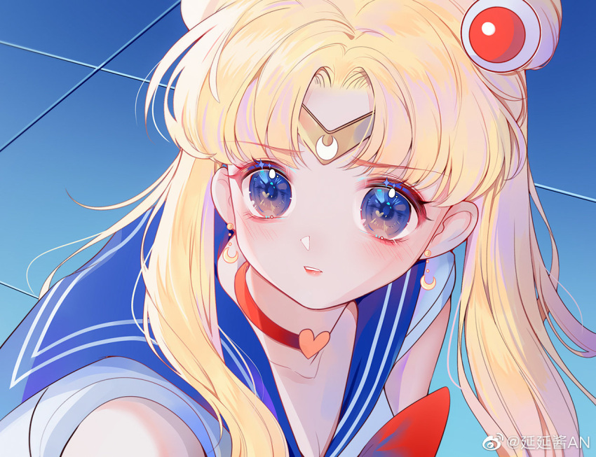 1girl bare_shoulders bishoujo_senshi_sailor_moon blonde_hair blue_background blue_eyes blue_sailor_collar bow bowtie breasts chinese_commentary choker circlet cleavage collared_shirt commentary_request crescent crescent_earrings dangle_earrings derivative_work double_bun earrings eyelashes furrowed_brow hair_bun hair_ornament heart heart_choker heart_in_eye jewelry light_blush long_hair looking_ahead magical_girl meme parted_lips red_bow red_bowtie red_choker red_lips sailor_collar sailor_moon sailor_moon_redraw_challenge_(meme) sailor_shirt screencap_redraw shirt solo symbol_in_eye tile_floor tiles twintails upper_body white_shirt yanyan_(weibo_5865701740)