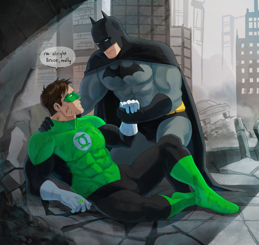 2boys absurdres bara batman batman_(series) black_bodysuit black_cape black_gloves bodysuit bruce_wayne cape closed_mouth day dc_comics domino_mask english_text gloves green_bodysuit green_lantern green_lantern_(series) grey_bodysuit hal_jordan haljordanmylove highres holding_hands injury jewelry large_pectorals looking_at_another male_focus mask multiple_boys muscular muscular_male outdoors pectorals ring superhero two-tone_bodysuit white_gloves