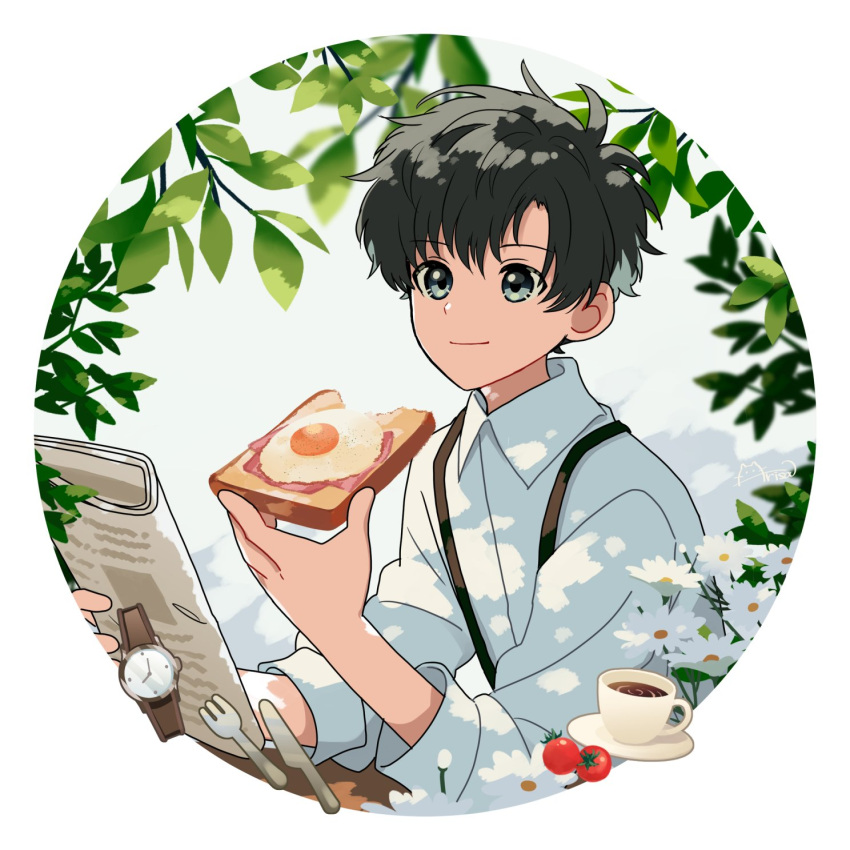 1boy arisa_(aren) black_eyes black_hair blurry border branch bread bread_slice closed_mouth coffee collared_shirt cup dappled_sunlight drink flower food fork fried_egg green_eyes highres holding holding_food holding_newspaper knife leaf long_sleeves looking_ahead male_focus newspaper original round_image saucer shirt short_hair signature smile solo sunlight suspenders teacup toast upper_body watch white_border white_flower white_shirt wristwatch