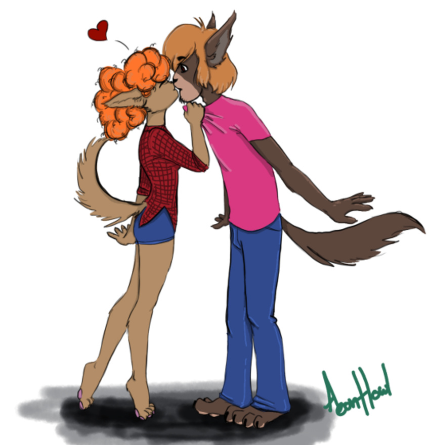 &lt;3 2017 4_toes 5_fingers aeonhowl anthro barefoot brown_hair canine cheek_tuft claws clothed clothing female fur ghoul_school grabbing hair hi_res kissing male mammal nuzzling orange_hair pants pawpads pointy_hairs red_eyes red_hair reluctant_werewolf scooby-doo_(series) shaggy shaggy_rogers shorts simple_background standing surprise toe_claws toes tuft were werewolf white_background winnie_werewolf