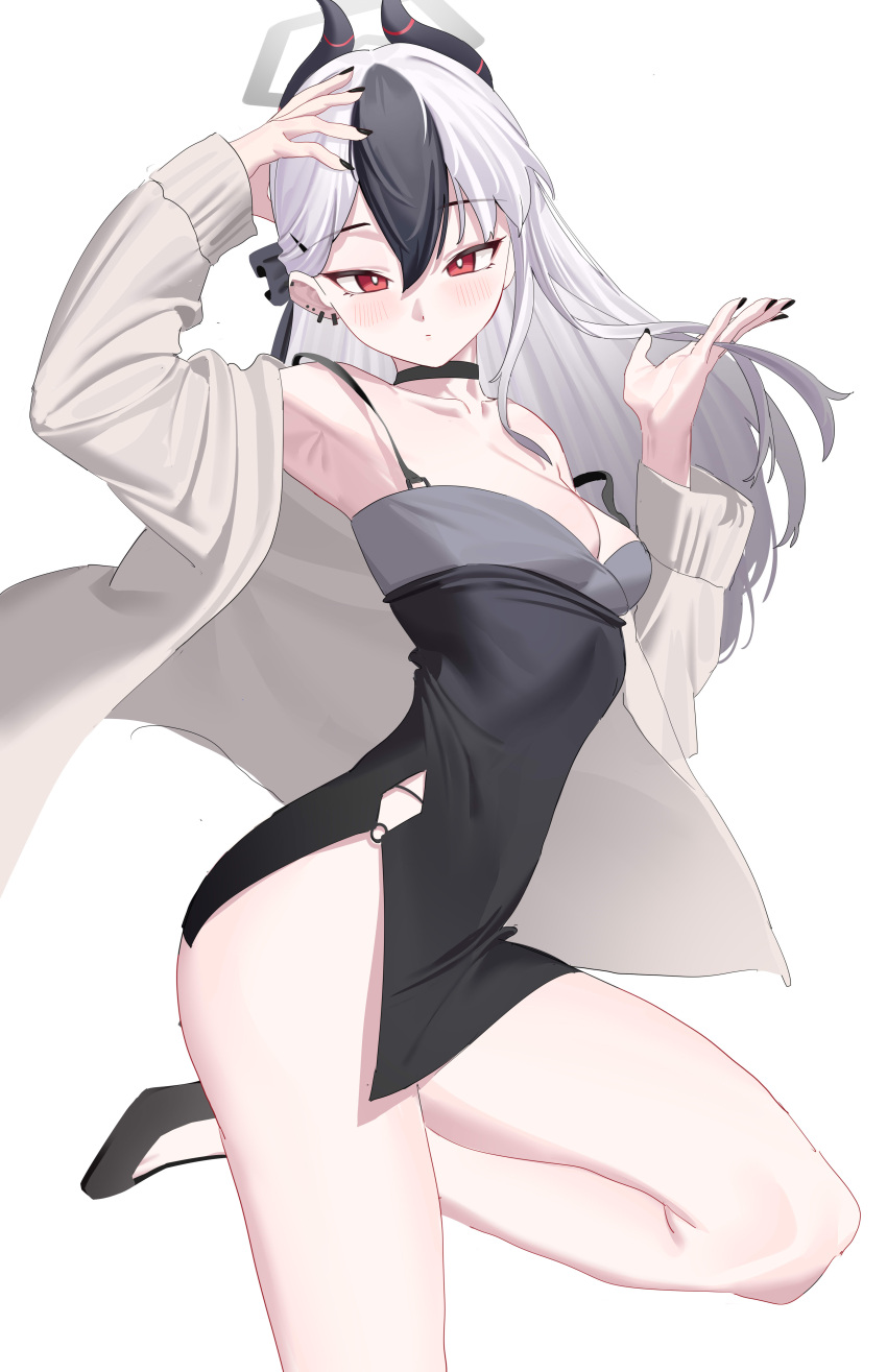 1girl absurdres armpits bare_legs black_choker black_dress black_hair black_panties blue_archive breasts bright_pupils cardigan choker clothing_cutout collarbone commentary demon_girl demon_horns doufu_(pixiv9093484) dress earrings fingernails gradient_hair grey_cardigan grey_hair hair_between_eyes halo highleg highleg_panties highres horns jewelry kayoko_(blue_archive) kayoko_(dress)_(blue_archive) looking_at_viewer multicolored_hair nail_polish no_wings panties red_eyes simple_background small_breasts solo standing standing_on_one_leg strap_slip streaked_hair string_panties stud_earrings underwear white_background white_pupils