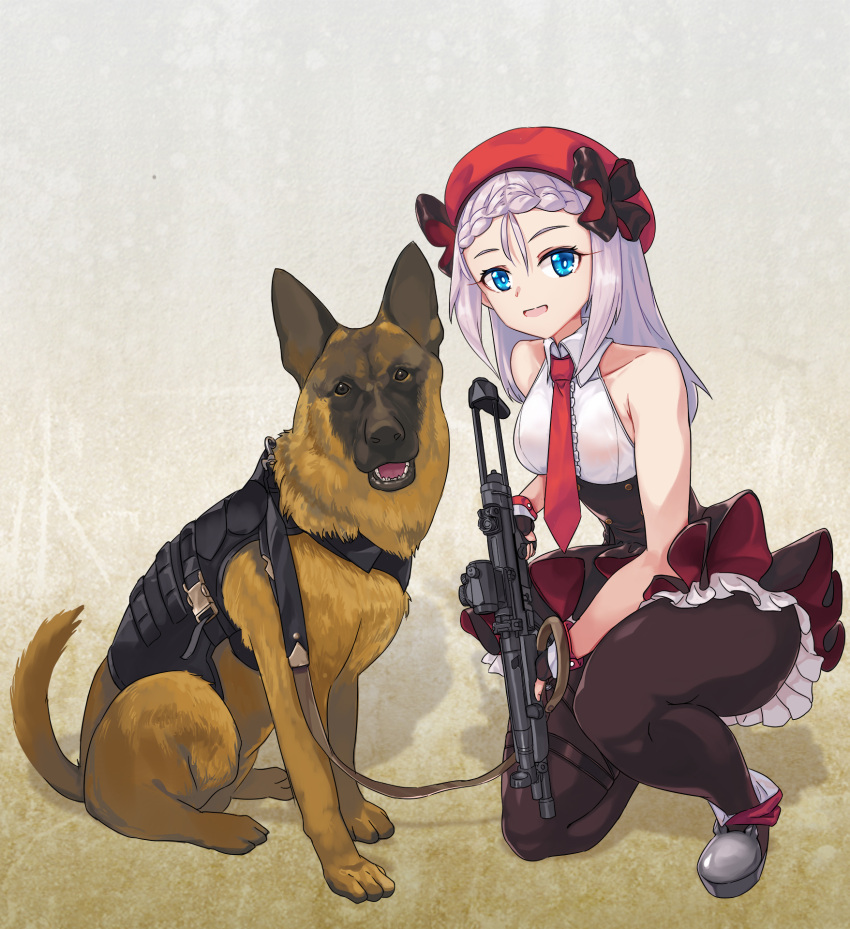 1girl beret black_pantyhose blue_eyes breasts dog frilled_skirt frills german_shepherd girls'_frontline gun hat hat_ribbon highres holding holding_gun holding_weapon jamgom leash looking_at_viewer mp5_(girls'_frontline) necktie on_one_knee open_mouth pantyhose red_headwear red_necktie ribbon scope shoes simple_background skirt small_breasts smile weapon white_hair