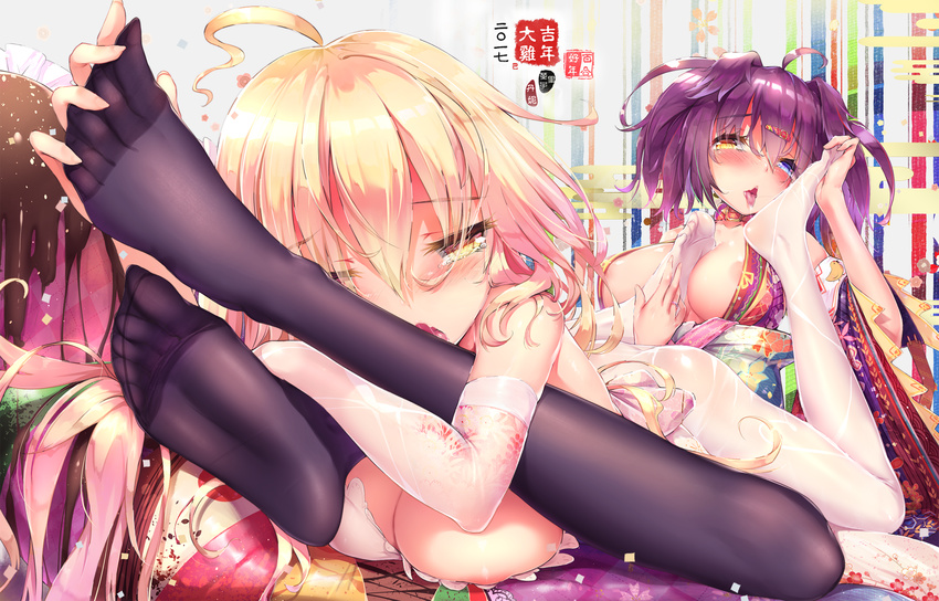 ahoge areola_slip areolae bare_shoulders between_breasts black_legwear blonde_hair blue_eyes blush breasts cleavage collar dk.senie elbow_gloves feet foot_licking foot_worship gloves hair_ornament hairclip heterochromia highres japanese_clothes jewelry large_breasts licking long_hair lying lying_on_person md5_mismatch multiple_girls no_shoes on_stomach original pantyhose pillow purple_hair ring saliva short_hair soles tongue tongue_out triangle_mouth underwear white_legwear yellow_eyes yuri